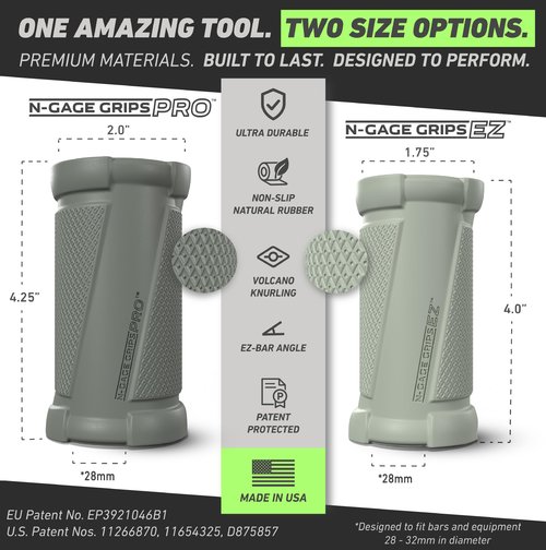 N-Gage Grips EZ– Patented Angled Barbell Thick Grips for Joint Support & Muscle Activation – Ergonomic Bar Attachments for Strength Training - Gym Accessories Manufactured in the USA (1 Pair)