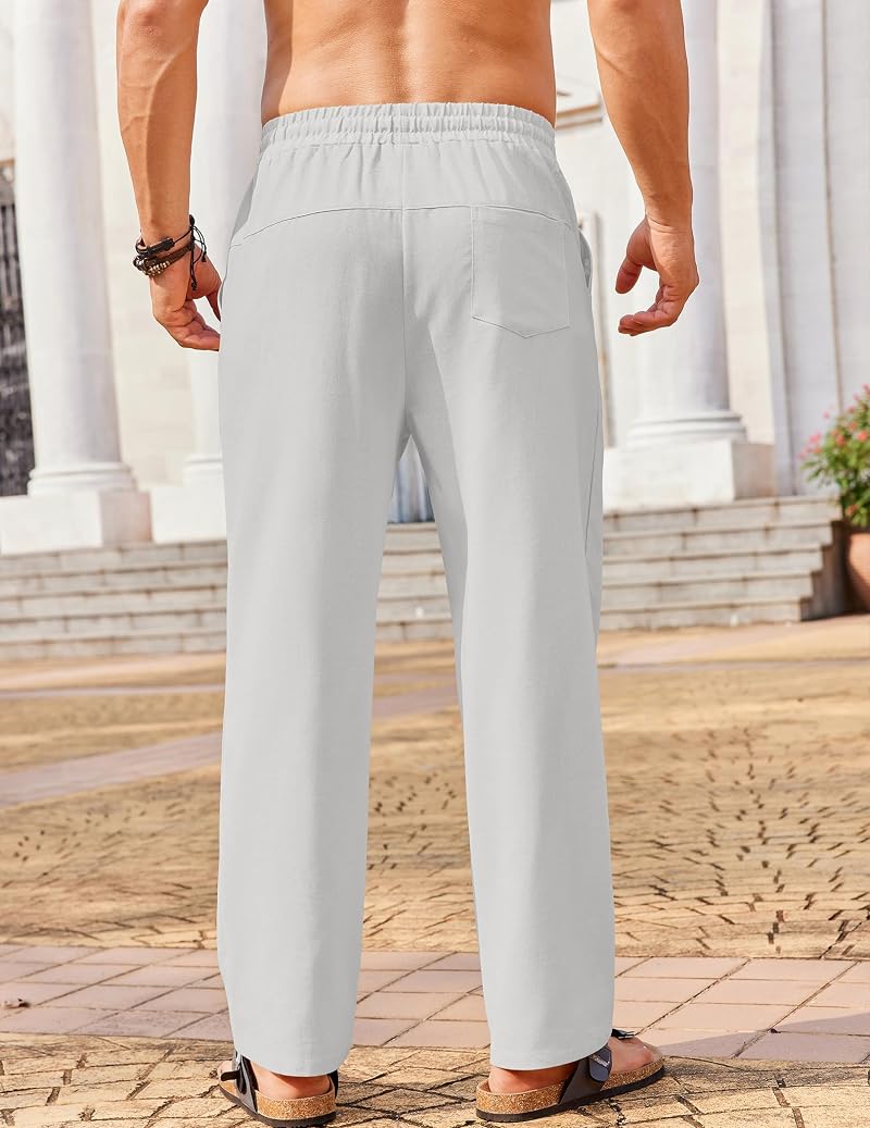 COOFANDY Men's Linen Pants Loose Fit Elastic Waist Drawstring - White, Large