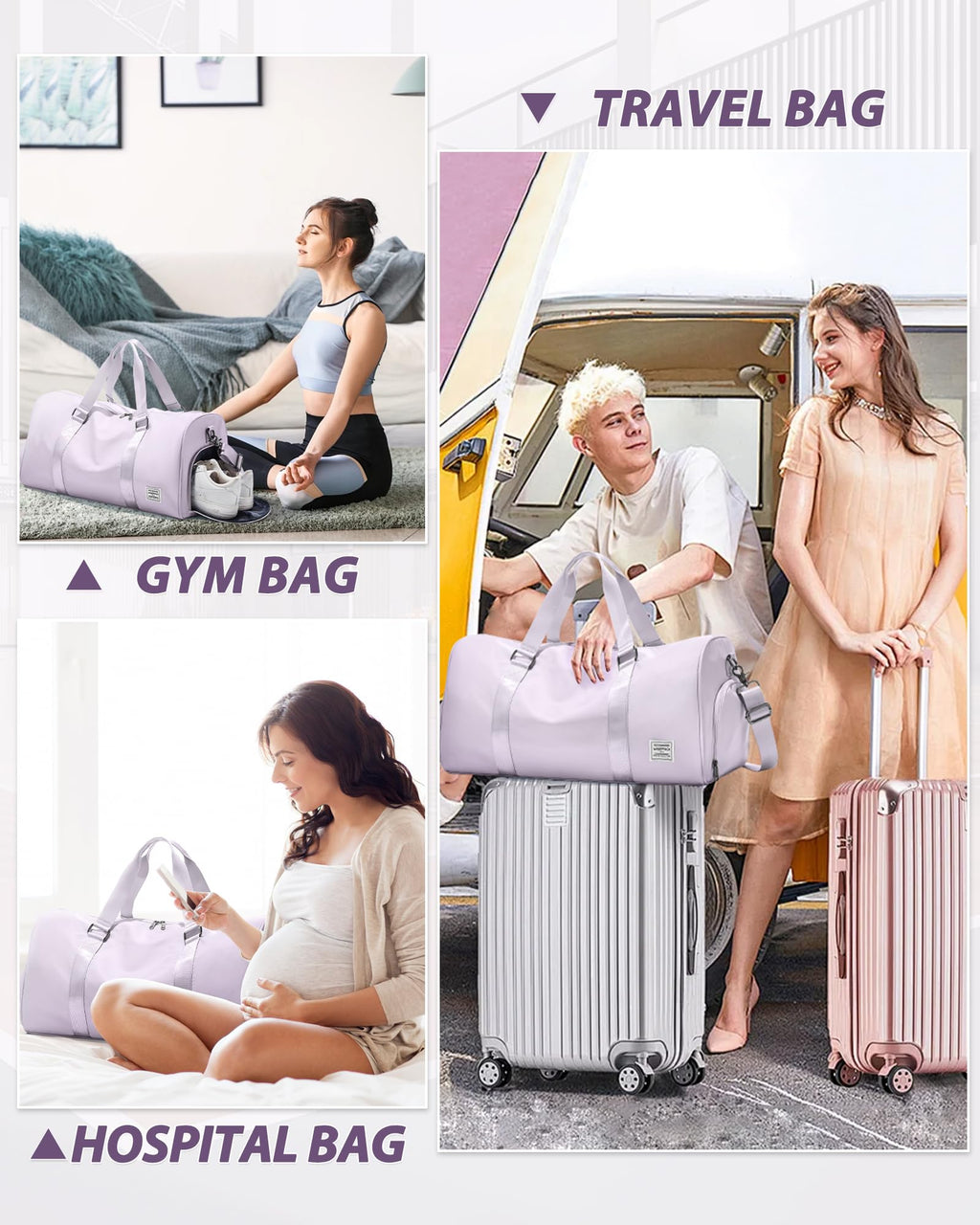 Travel Duffle Bag,Weekender Overnight Bags for Women with Shoes Compartment,Tote Gym Bag Personal Item Carry On Bag for Travel Business Trips Sport Hospital Dance Purple
