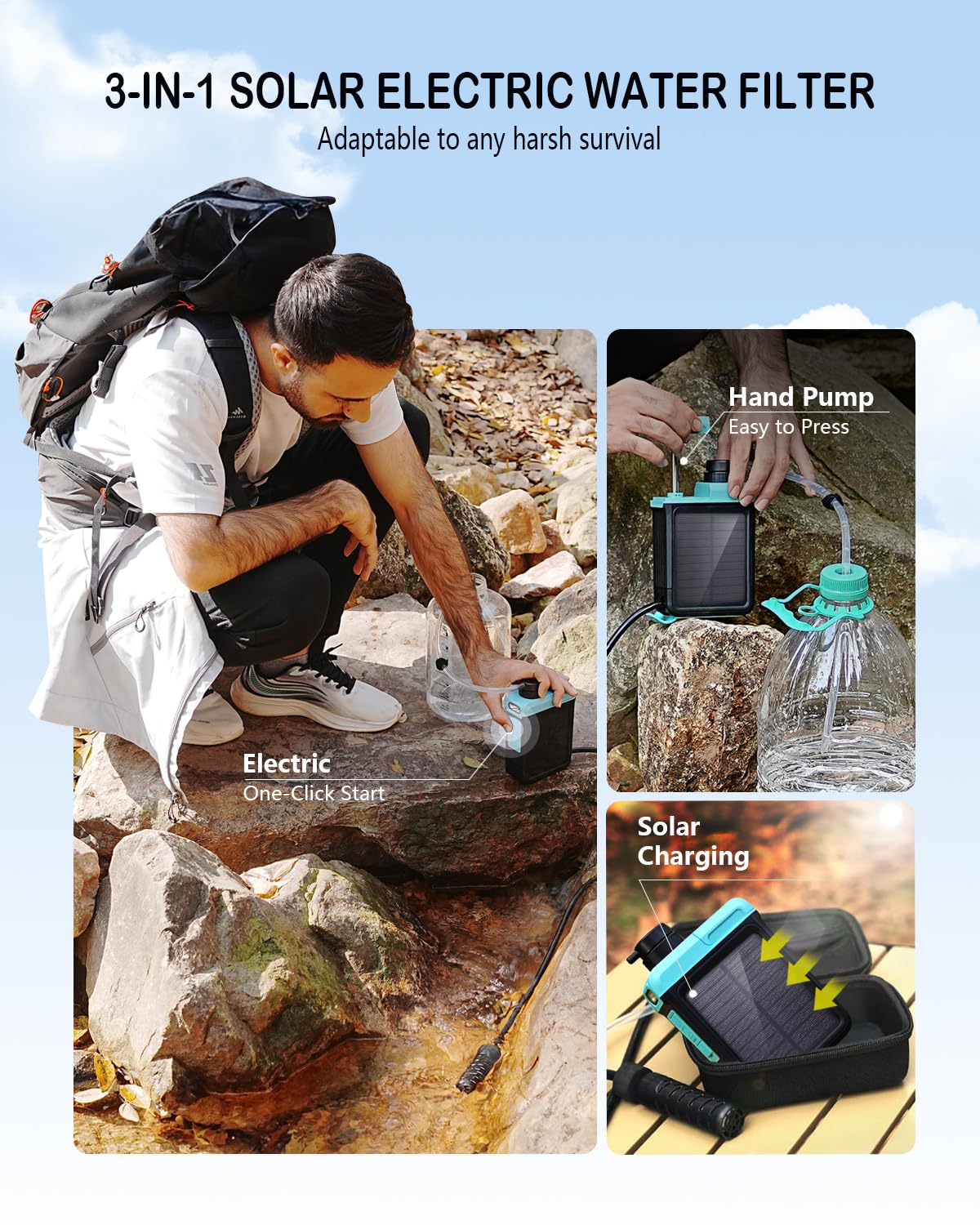Skiennix 3-in-1 Solar Electric Water Filter - Portable Camping Water Purifier with Hand Pump & Emergency Light