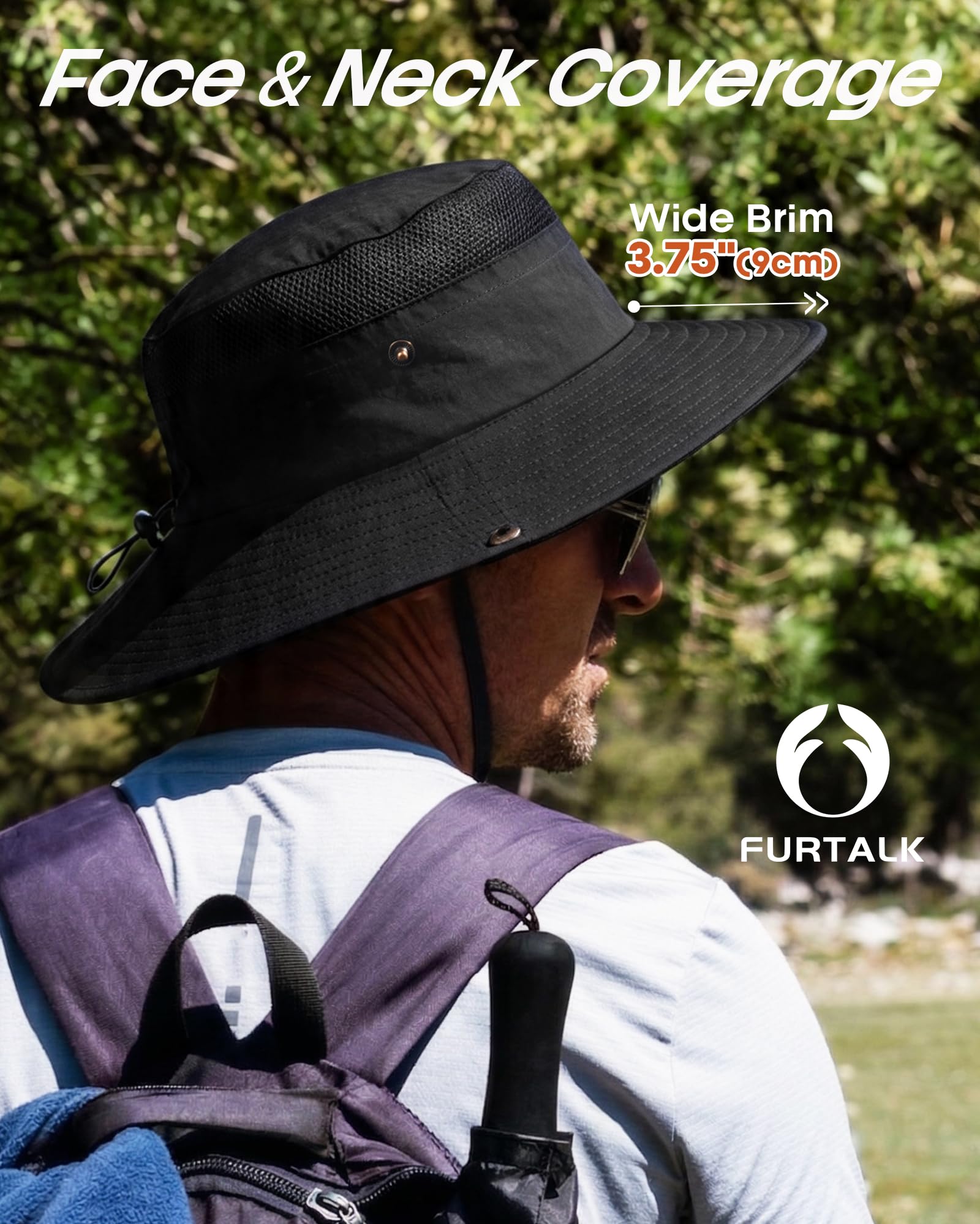 FURTALK Sun Hats for Men Women Fishing Hat UPF 80+ Breathable Wide Brim Hiking Summer UV Protection Bucket Hats Black