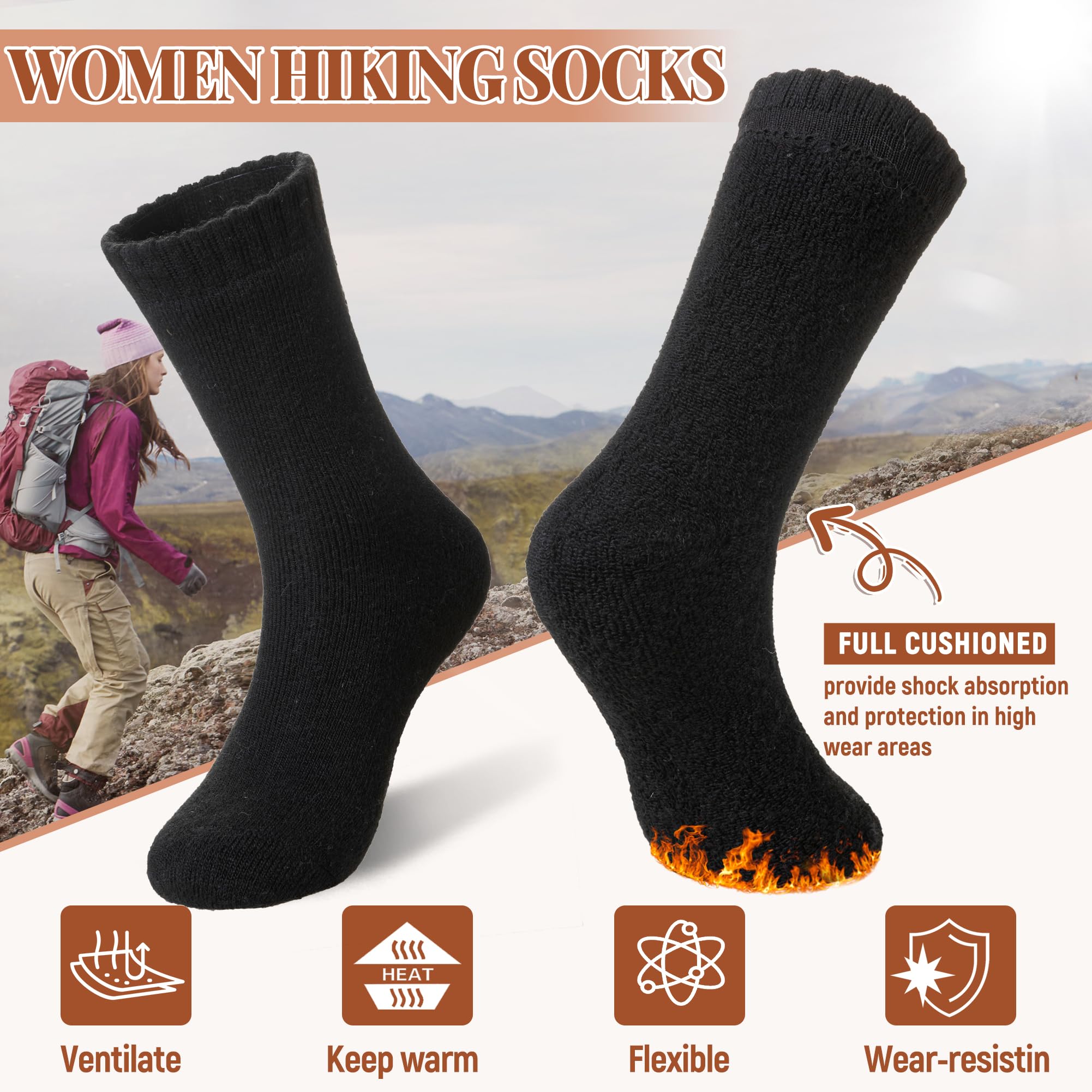Velice Merino Wool Socks for Women 5 Pairs Warm Winter Hiking Thick Thermal Cozy Boot Work Soft Ladies Crew Socks(5 Pairs Black Socks)