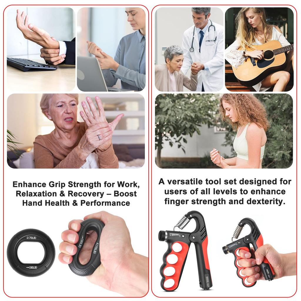 Keria Grip Strength Trainer Kit, Hand Grip Strengthener with Adjustable Resistance 11-220Lbs, Fingers Exerciser - Silicone Rings, Forearm Strengthener for Athletes Musicians and Injury Recovery