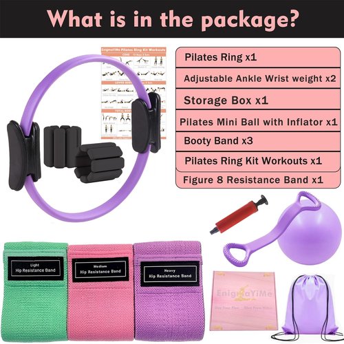 Pilates Ring Kit with Adjustable Ankle Wrist Weights, Resistance Bands, Ball, Pilates Equipment Ball for Home Workout to Tone, Sculpt and Strengthen, Fitness Magic Circle Rings for Yoga Women (Purple)