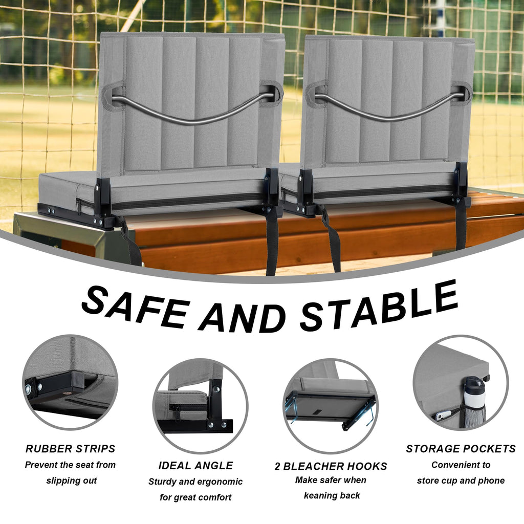 Aliphon Stadium Seat for Bleachers with Back Support and Cushion, Bleacher Seats with Shoulder Strap and Cup Holder, Padded Portable Folding Comfort Stadium Chair, for Sports Events, Grey (1pcs)