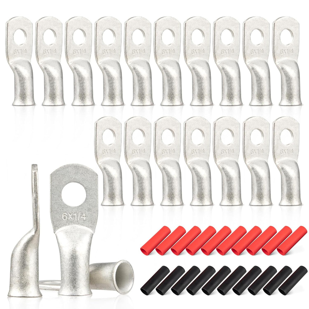 RED WOLF 20PCS Marine Grade Wire Lugs - 6 AWG Tinned Copper Ring Terminals with Heat Shrink Tubing