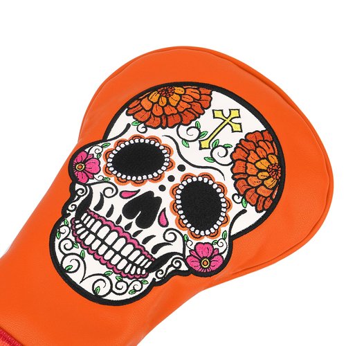 SHABIER Orange Golf Driver Headcover with Orange Flowers Embroidery Sugar Skull Design for Golf Driver Club