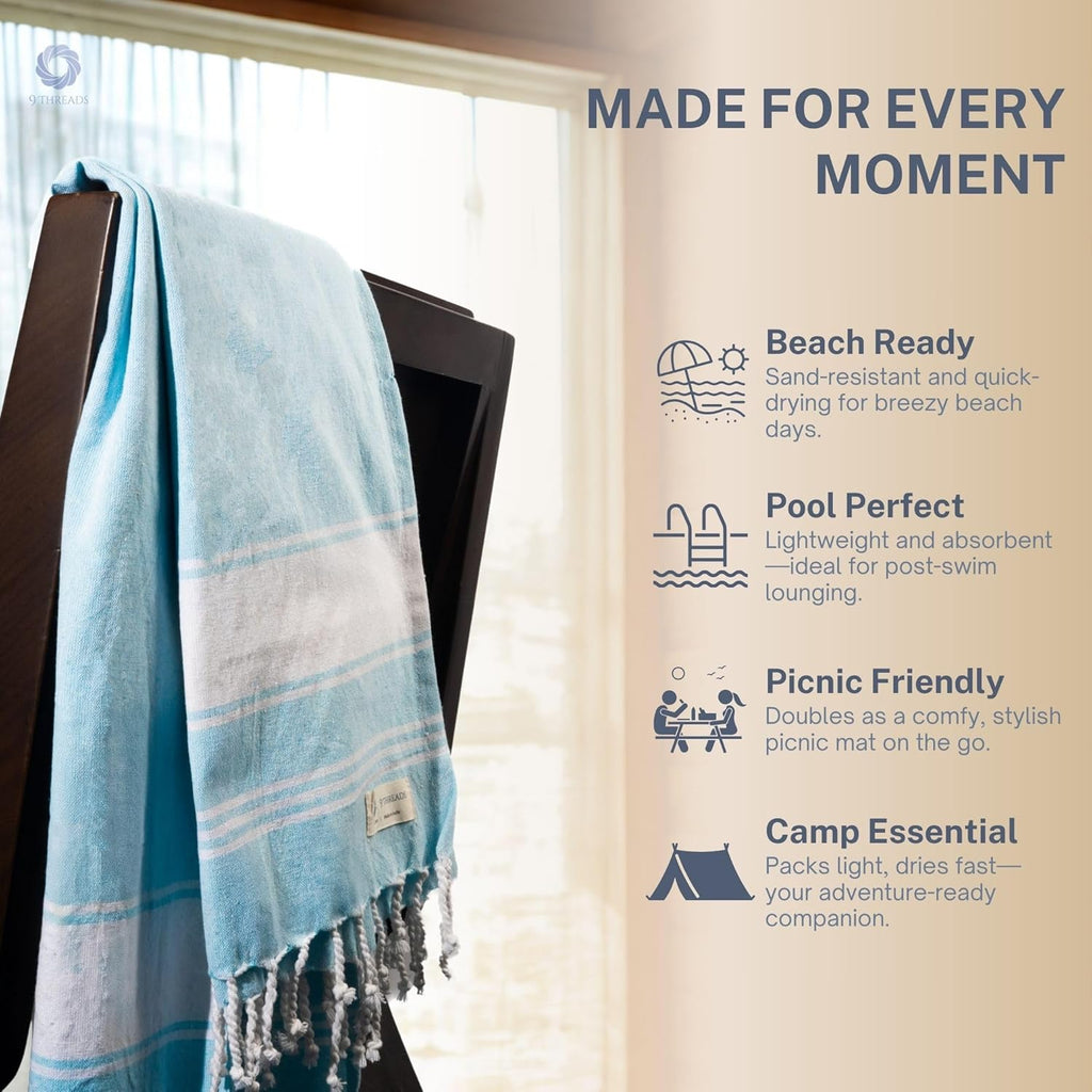 Skiennix Oversized Cotton Turkish Beach Towel - Quick Dry & Absorbent | Aqua Blue, 36"x72", 4 Pack