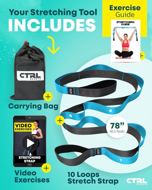 Fascia Stretching Strap with Loops - Non-Elastic Yoga Band for Physical Therapy & Flexibility | Ideal for Hamstring & Leg Stretches