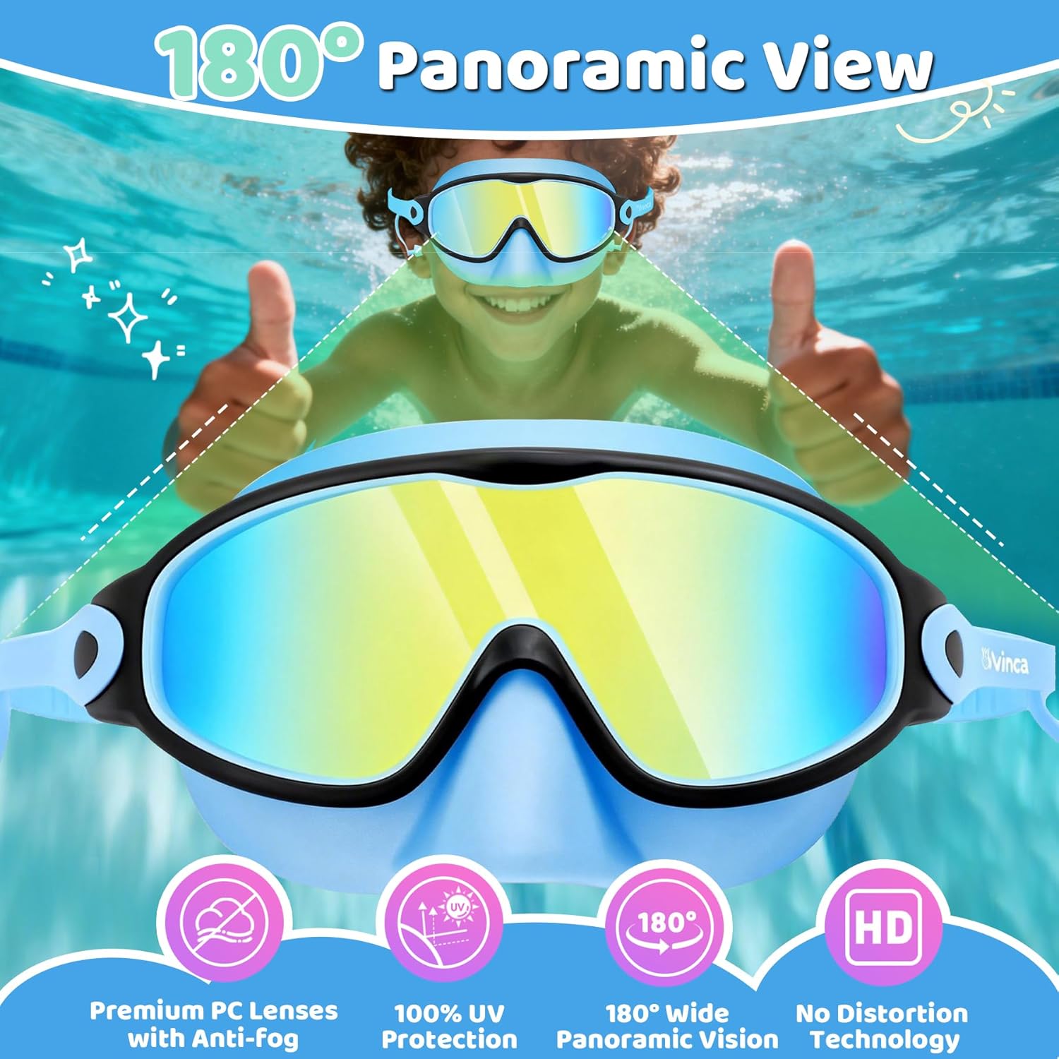 Vvinca Kids Swim Goggles - Anti-Fog Wide View with Nose Cover & Earplugs | For Ages 3-12