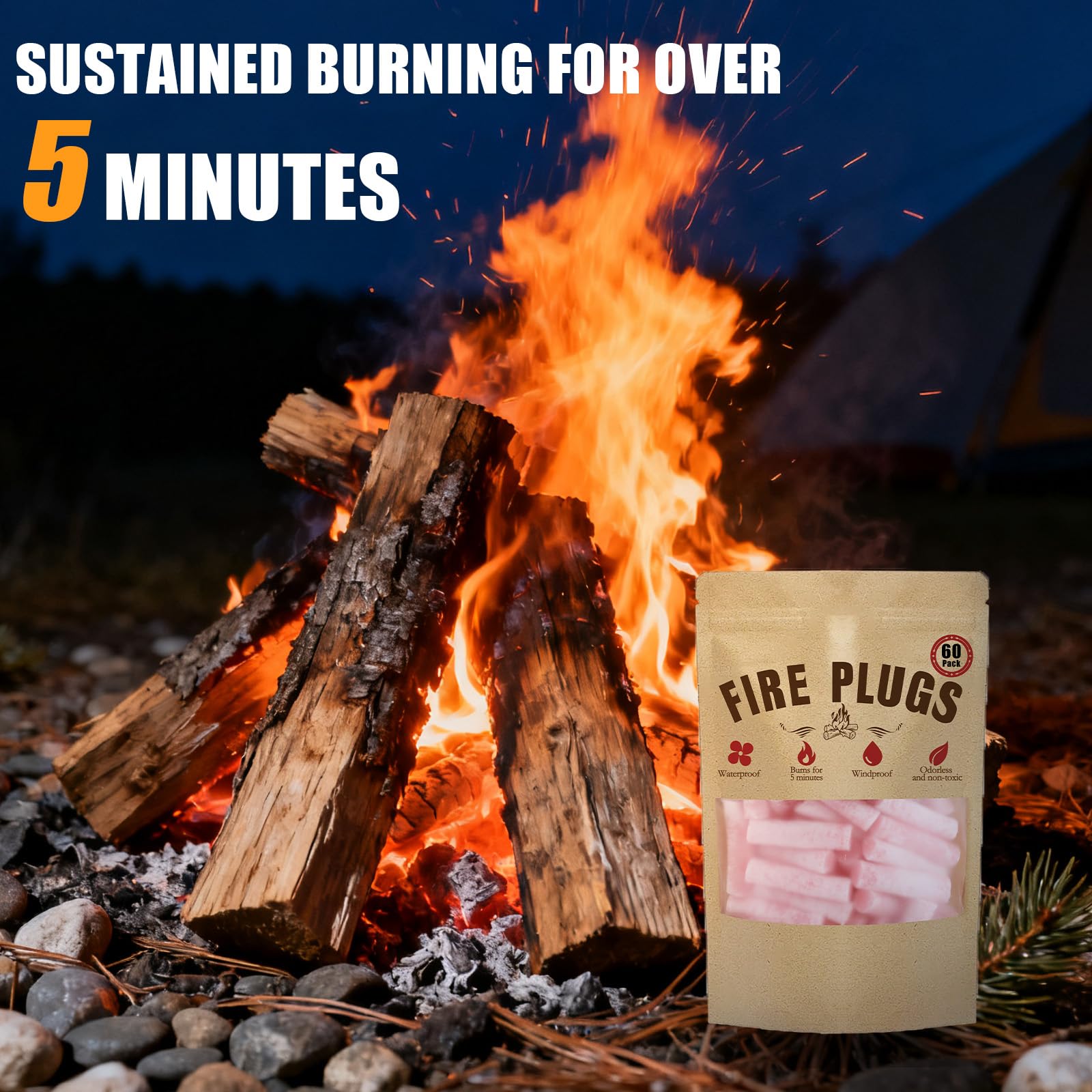ZTTM 60 Pack Waterproof Fire Starters with 5+ Minute Burn for Camping, Emergency, Fire Pits, Grills,Non-Toxic