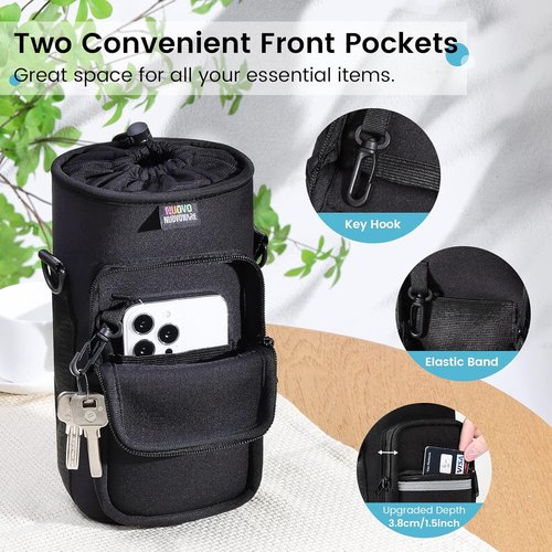 Nuovoware Water Bottle Carrier Bag - Adjustable Neoprene Sleeve with 2 Pockets | Fits 25oz, 40oz, 64oz Bottles