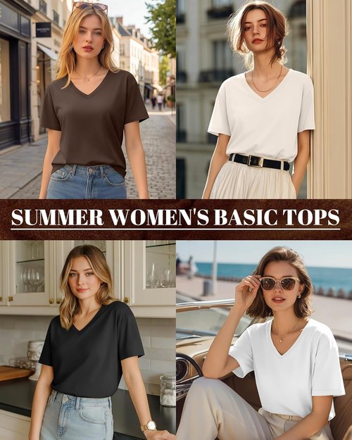 Huukeay Women's V-Neck Basic Tees - 5 Pack Comfortable Casual Short Sleeve T-Shirts | Solid Colors for Summer