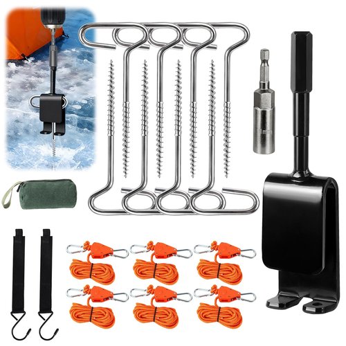 Heavy Duty Ice Anchor Drill Adapter Tool Kit, 19Pcs Stainless Steel Tent Stakes Set with 13FT Ratchet Ropes, Tent Hooks, Canvas Bag for Ice Fishing Shelter Setup (8Pcs Tent Stakes+6Pcs Rope Roller)