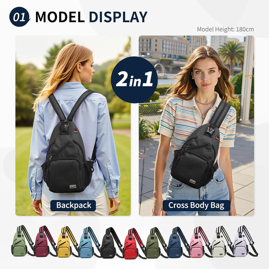 Skiennix Convertible Sling Bag - Lightweight Crossbody Backpack for 11" Tablet | Black for Casual Travel & Hiking