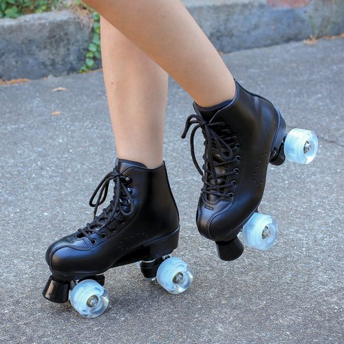 Ugboiu Roller Skates for Men and Women, Black Derby Roller Skates with 4 Shiny Wheel, Classic Double-Row Skates for Indoor and Outdoor