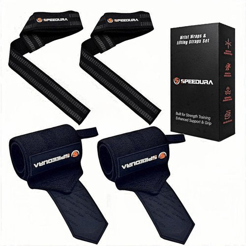 Speedura Heavy Duty Cotton 23'' Lifting Straps & 22'' Wrist Wraps Set – Premium Support for Deadlifts, Powerlifting & Strength Training – Weight Lifting Wrist Wraps for Men & Women