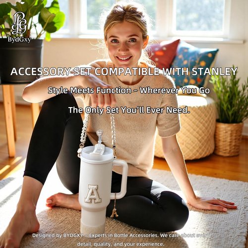 BydGxy Stanley Cup Accessories Set for 30oz 40oz Tumbler, with Handle Strap, Anti-Spill Plug, Boot, Straw Cover, Cute Letter Charms, No-Residue Initial Sticker, Fits Pink Purple White Stanley Cups (A)