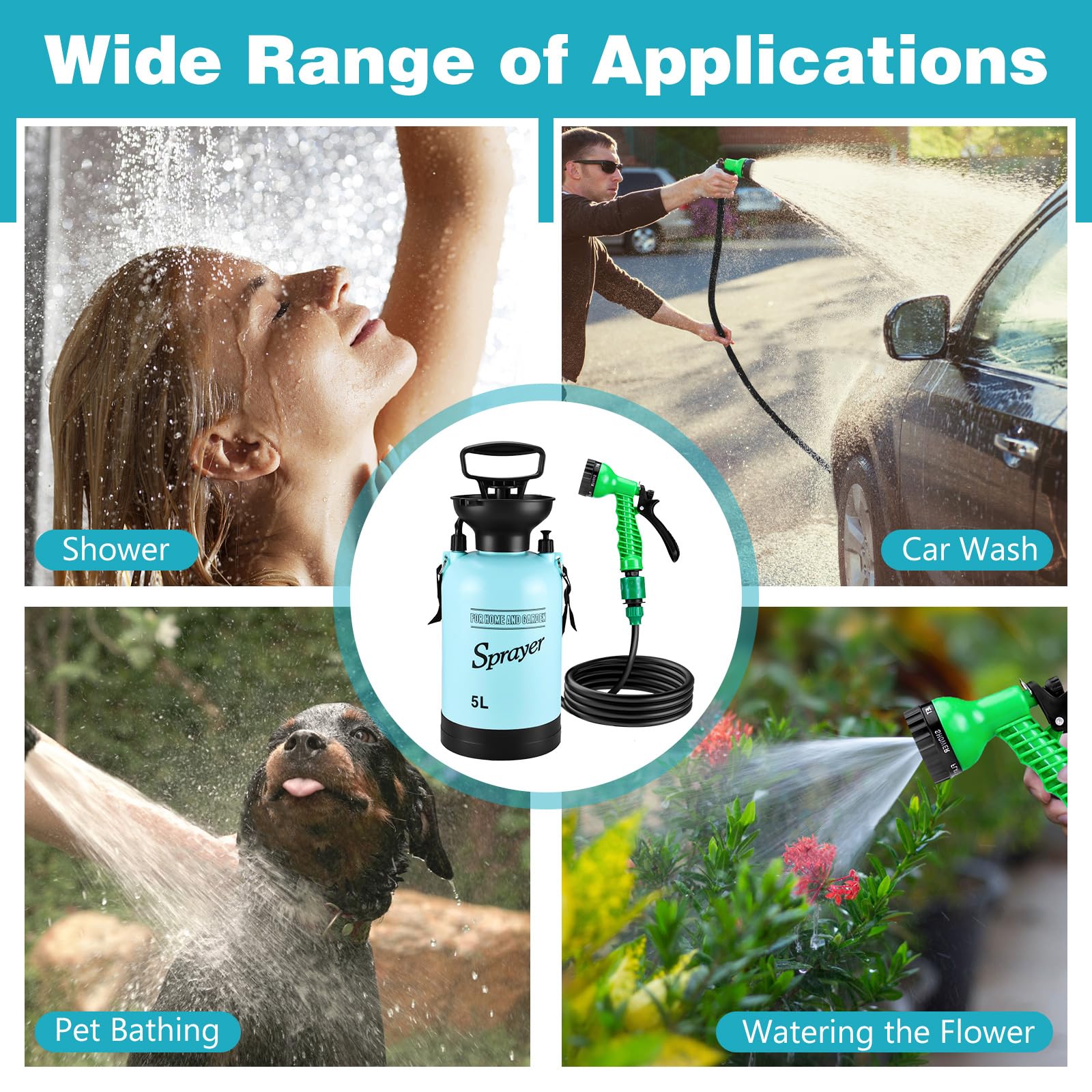 Vevitts Portable Pressure Sprayer Shower 5L for Camping with 7 Spray Modes, Hand Press Camping Shower with Hose and Shower Head, Hiking Traveling Shower Garden Sprayer Pet Shower Blue