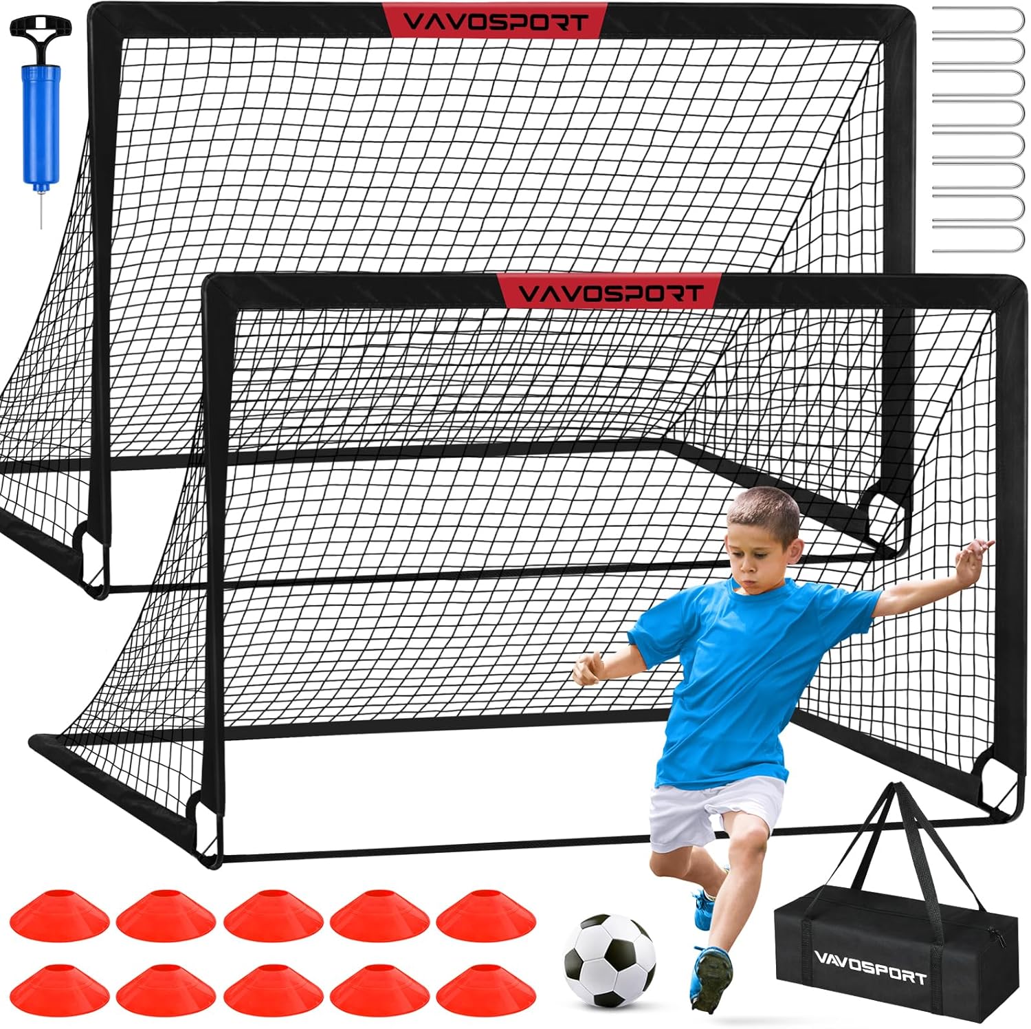 VAVOSPORT Soccer Goal Set - 2 Portable 6'x4' Kids Soccer Goals for Backyard Training & Outdoor Play