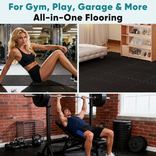 NEWBULIG Interlocking Rubber Floor Tiles, Gym Flooring for Home Gym Mat 24 inch Long, 1/2 Inch Thick, Rubber Mats for Floor, Garage, Workout Space, Non-Slip, 6pcs