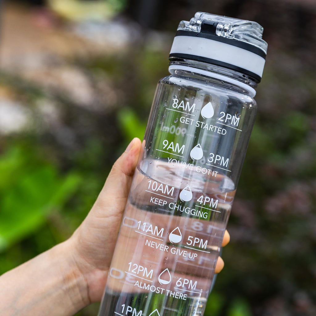 OLDLEY Water Bottle, 32oz Motivational Sports Water Bottle with Time Marker - Times to Drink - Tritan, BPA Free, Wide Mouth Leakproof, Glacier (1 Bottle)