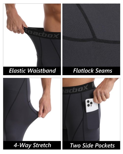 Roadbox Mens Compression Pants with Pockets, 1 or 2 Pack Athletic Running Leggings Baselayer, Lightweight Tights for Gym Basketball Yoga Cycling