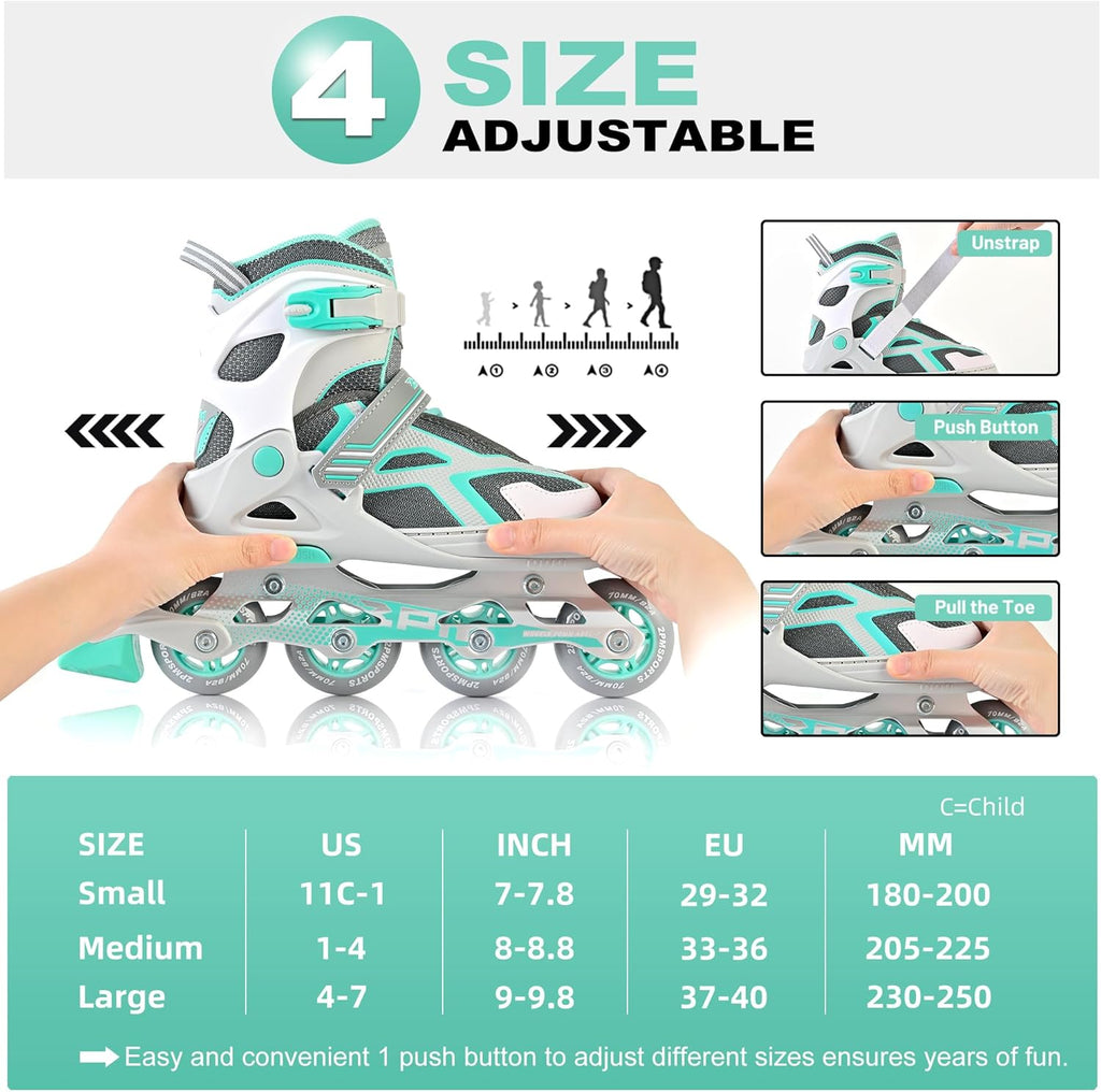 2PM SPORTS Torinx Green Inline Skates - Adjustable Fun Roller Skates for Kids & Adults