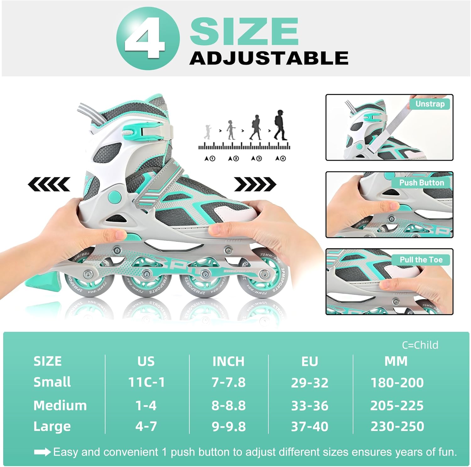 2PM SPORTS Torinx Green Inline Skates - Adjustable Fun Roller Skates for Kids & Adults