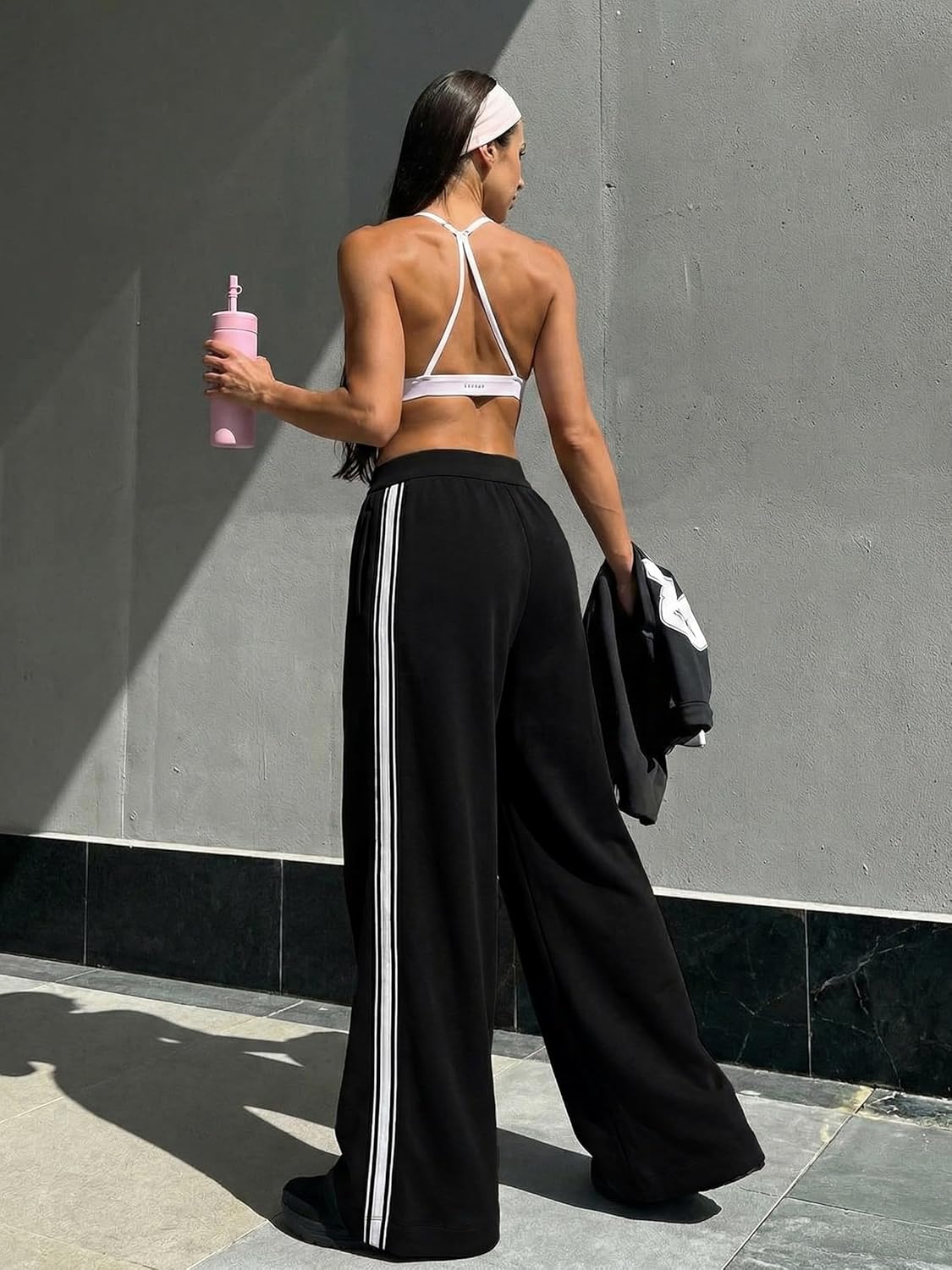 BISUAL Wide Leg Track Pants for Women - High Waisted Cotton Stretch Sweatpants in Baggy Style