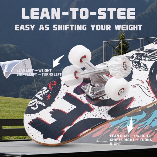 Professional Double Kick Skateboard, 31 inch Maple Deck, ABEC-9 Bearings, 95A PU Wheels, Custom Graphic Design (bat King(T-Tool Included), 31in)