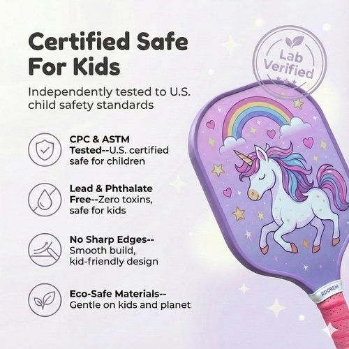 Kids Pickleball Paddle - Lightweight & Durable with Large Sweet Spot - Cute Pickleball Paddle Gift for Toddler & Youth Players - Purple Unicorn