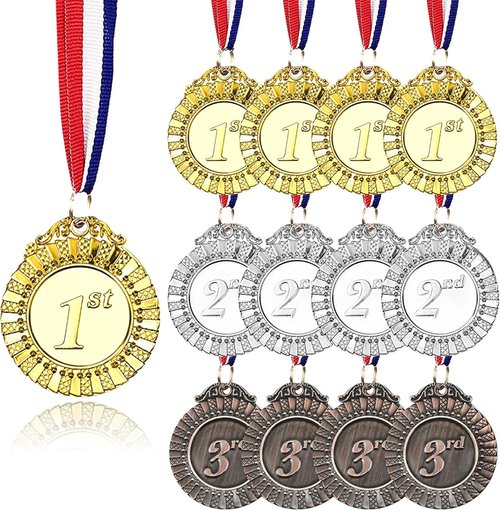 MOMOONNON 12-Piece Metal Award Medals Set - Gold, Silver, Bronze with Red, White, Blue Ribbons | 2 Inch