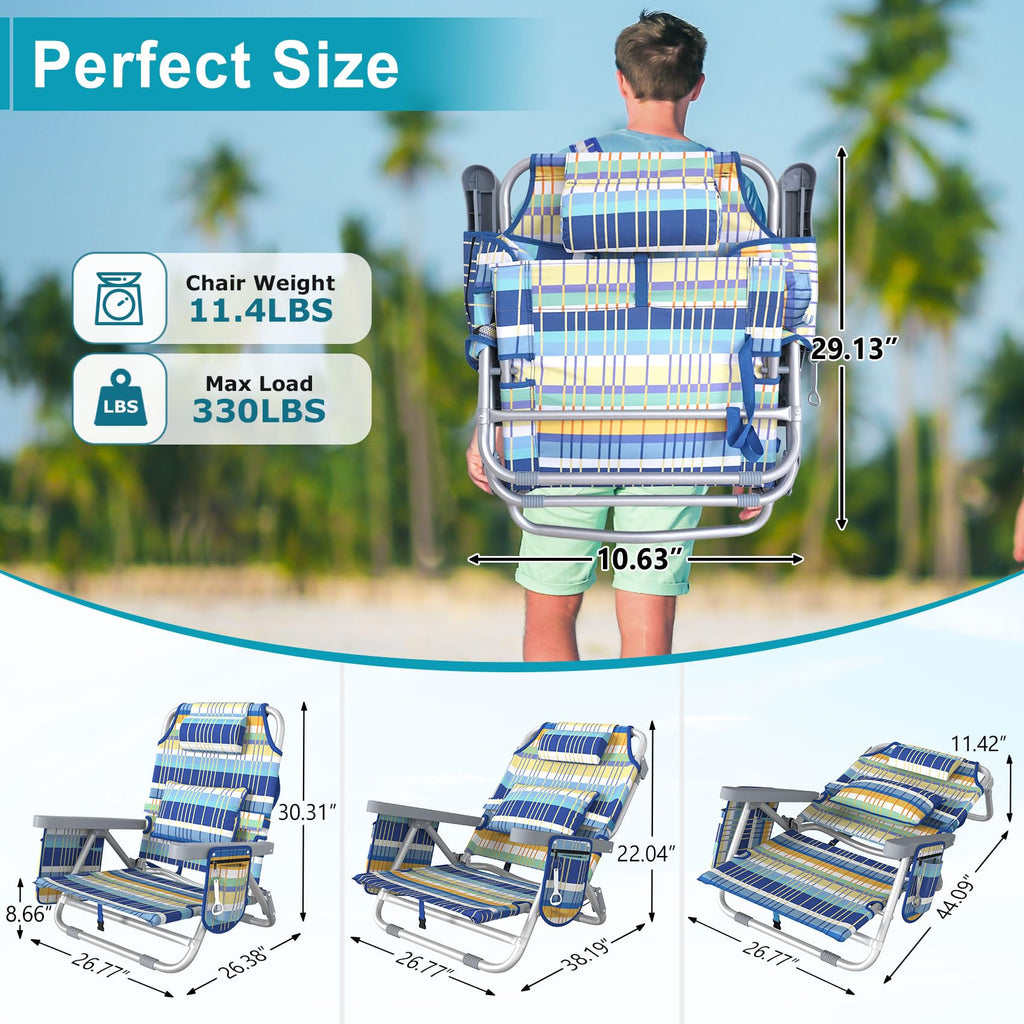 Suteck Beach Chair, Adjustable 5-Position Backpack Beach Chairs for Adults Kids, Foldable Lay Flat Chair with Cooler Bag, Cup Holder and Lumbar Pillow, Reclining Lay Down Chairs for Lawn Outdoor