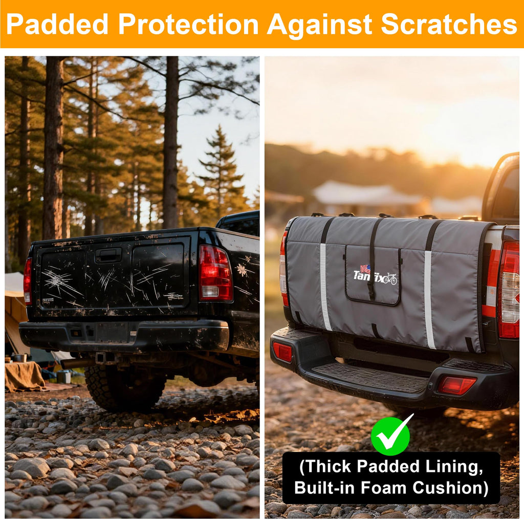 Tanfix Tailgate Pad for Mountain Bikes, 51" Tailgate Protection Pad for Compact & Mid-Size Trucks, Holds Up to 5 Bikes, with Tool Pockets, Backup Camera Access Flap
