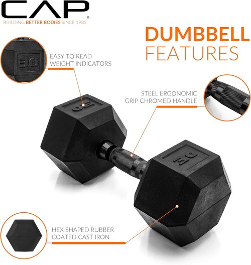 CAP Barbell Coated Hex Dumbbell - Versatile Weights from 10 to 120 lbs | Multiple Color Options