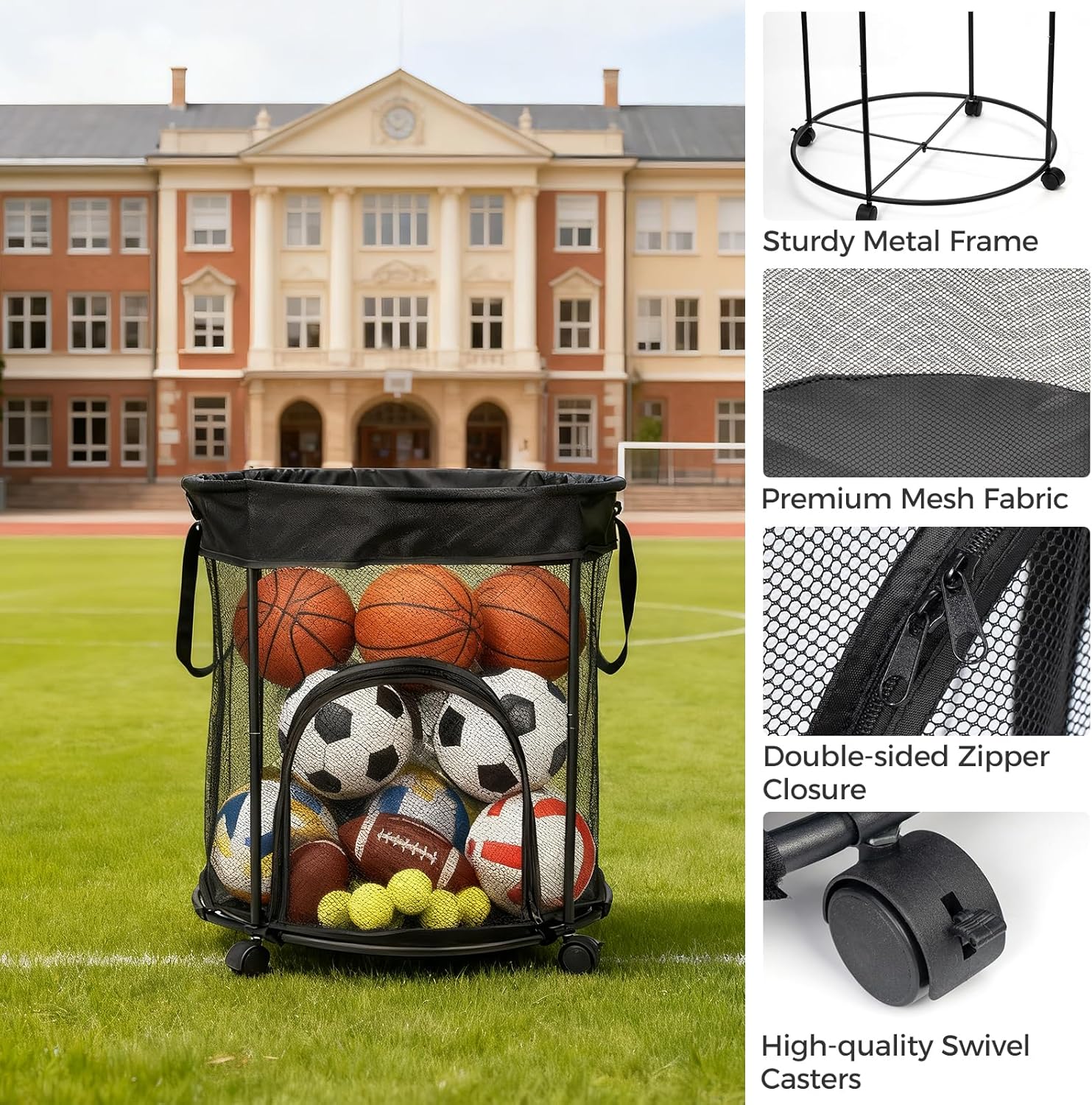 Skiennix Ball Storage Cart - 51.36 Gallon Capacity with Wheels & Side Opening Baskets | Ideal for Sports Balls