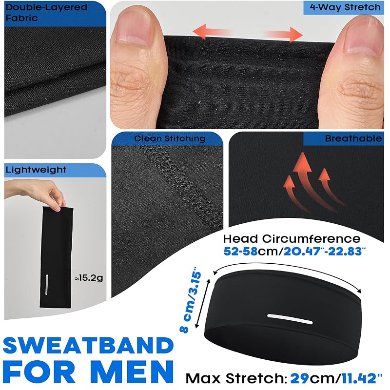 Sukeen 2-Pack Lightweight Mens Headband - Black/Blue, 8cm Sweat-Wicking, Anti-Slip