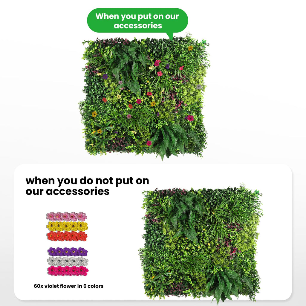STURDON Artificial Grass Wall Panels for Indoor Outdoor, 40"x40" (11.09 Sq.Ft), 3D Boxwood Panels, Greenery Wall Backdrop for Home Living & Wedding Event Decor with DIY 60 PCS Flower,100 PCS Zip Ties