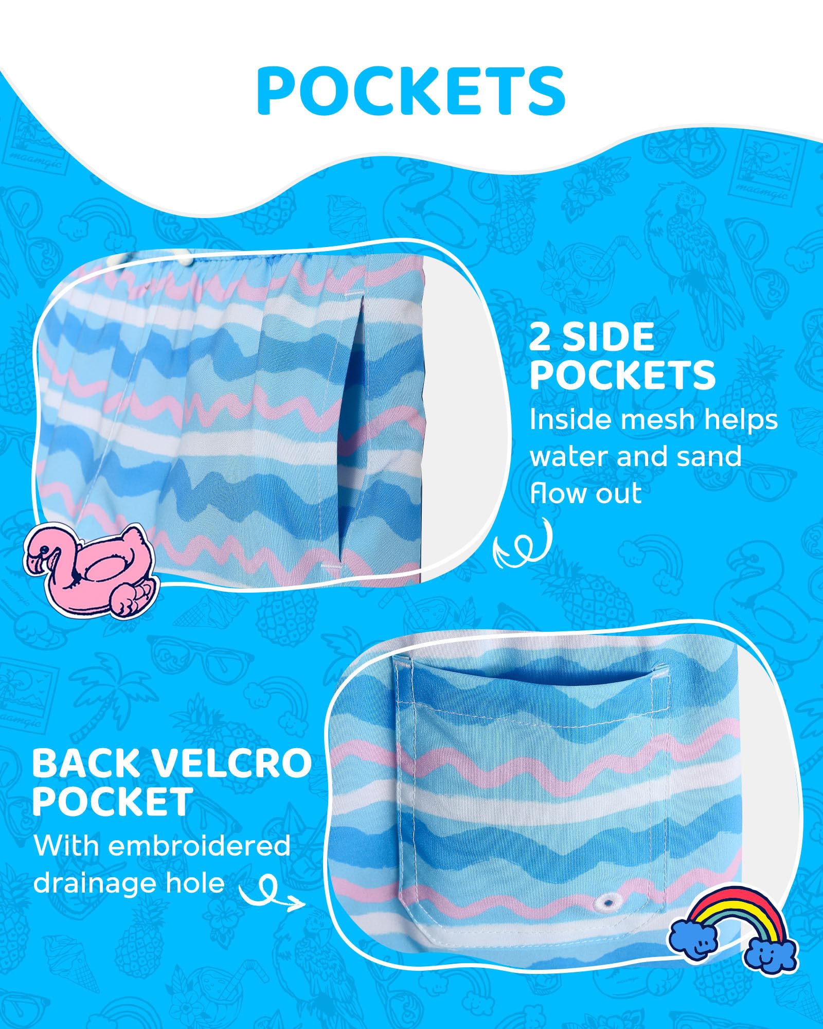 maamgic Boys Swim Trunks with Compression Liner Toddler Boy Swimsuit Quick Dry 4-Way Stretch Swimming Trunks Colorful Wave Line 4T