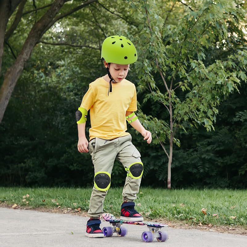 Kids Adjustable Helmet with Knee Elbow Pads & Wrist Guards - Green, Medium (20.47"-22.83" head) for Ages 8-14 - FOOKCIAN