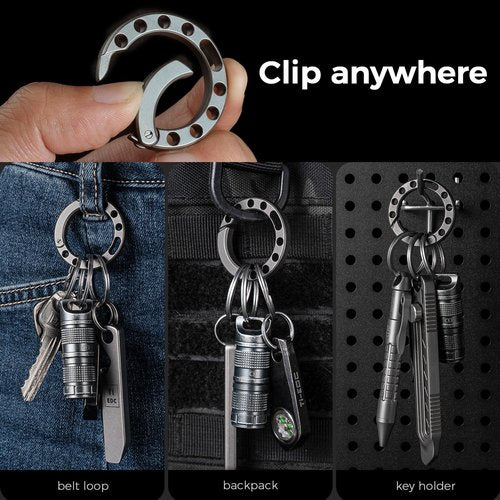 IUMIUN Titanium Circle Small Keychain Carabiner Clip with 2pcs 25mm/1inch Stainless Steel Key Rings, Quick Release Keychain for Men, Multi-Hole Design