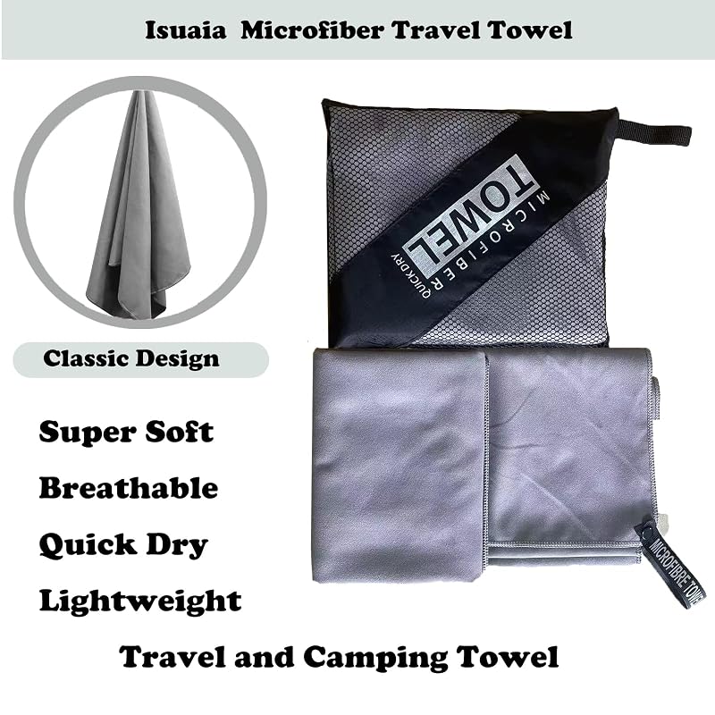 Isuaia Grey 30"x60" Microfiber Quick-Dry Beach Towel - Reusable Lightweight Travel Towel