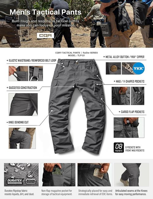 CQR Men's Tactical Pants - Water Resistant Ripstop Cargo Design for Lightweight EDC & Hiking | Outdoor Apparel