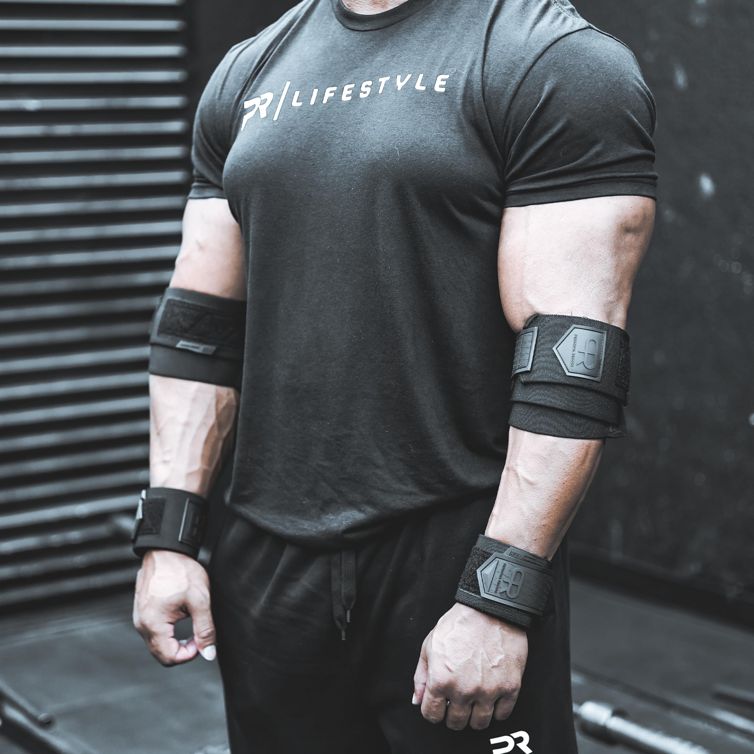 PR Personal Record Elbow Wraps for Weightlifting - Heavy Duty Construction, 25% More Elasticity, Reinforced Stitching, Extra Wide Fastener, Easy to Adjust, All Black