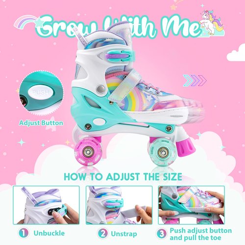 SULIFEEL Rainbow Unicorn Roller Skates for Youth Size Large and Adjustable Protective Gear Set Shiny Medium