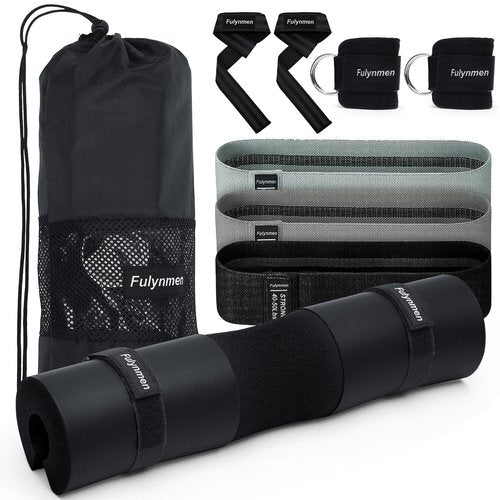 Fulynmen 9Pcs Barbell Pad Set - Hip Thrust & Squat Pad with Anti-Slip Thickened Foam, Securing Straps, Lifting & Ankle Straps, Hip Resistance Bands, Carry Bag - Black