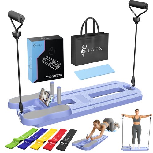 PILATEX Pilates Board – Foldable Pilates Reformer with Resistance Bands, Bar & Travel Bag – Full-Body Strength & Ab Training Equipment for Women & Men, 15 in 1 (Purple, Starter)