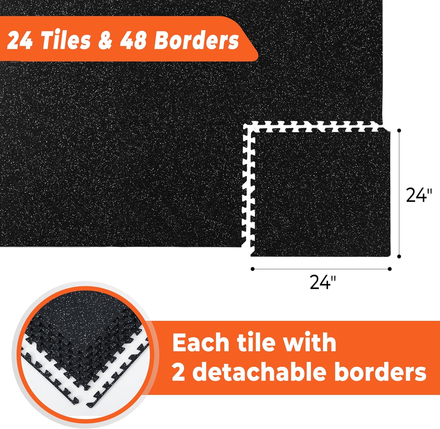 SUPERJARE Rubber Top Exercise Mats - 0.4'' Thick, 24 Pcs, 96 Sq Ft Interlocking Gym Flooring | Black/Grey