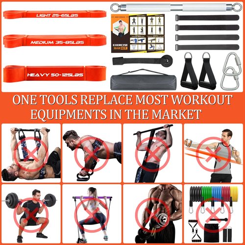 DASKING Compact 23 Inch (58cm) Resistance Bar Set with 3 Stackable Bands - 500LBS Heavy Duty Home Gym Kit, Portable Full Body Workout Equipment